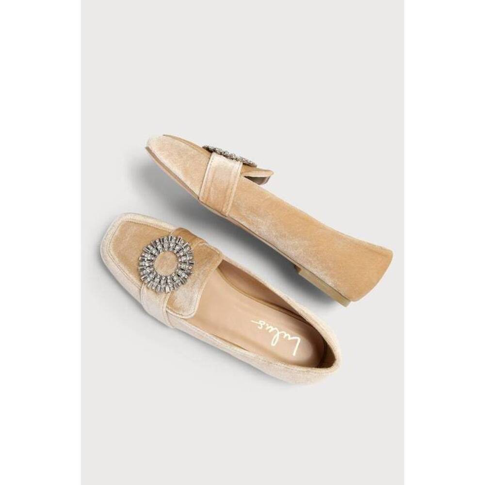 Lulus Vivalay Champagne Velvet Rhinestone Loafers Gold - Size 5.5